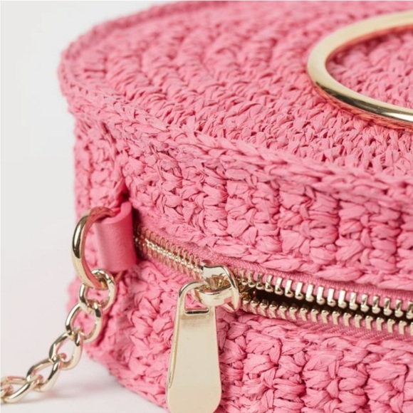 H&M BLOGGER PINK & GOLD ROUND STRAW CROSSBODY BAG PURSE - Picture 3 of 7